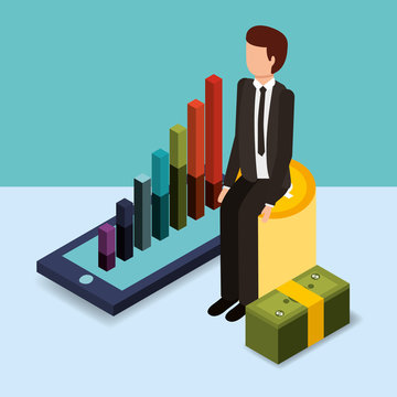 businessman sit on pile coins chart mobile banknote money vector illustration isometric