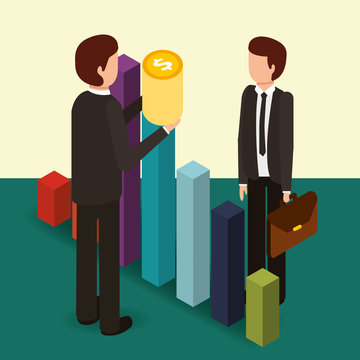 businessmen chart diagram and coins money vector illustration isometric