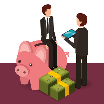 businessmen with tablet piggy bank and banknotes money vector illustration isometric
