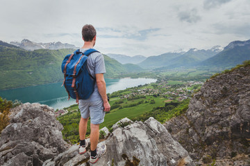 hiking in mountains, achievement concept, summer outdoors leisure activity, hiker with backpack...