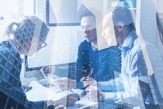 consulting startup coworking, business team meeting concept, group of people working on computer in modern office, double exposure