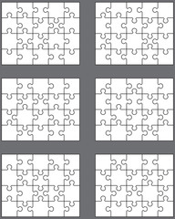 Vector illustration of six different white puzzles, separate pieces