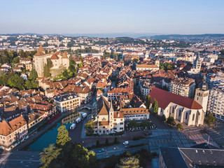 Fototapeta na wymiar aerial panoramic view of Annecy city, France, historical architecture of old town center, beautiful cityscape