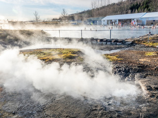 Secret lagoon hot spring in Fludir, Iceland