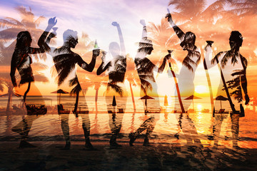 beach party double exposure, group of young people dancing, friends drinking beer and cocktails at...
