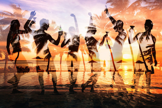 Beach Party Double Exposure, Group Of Young People Dancing, Friends Drinking Beer And Cocktails At Sunset