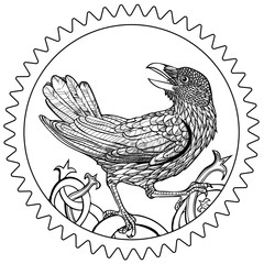 Vector illustration of raven cogwheel coin black and white 
