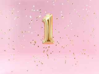 One year birthday. Number 1 flying foil balloon and confetti. One-year anniversary background. - obrazy, fototapety, plakaty