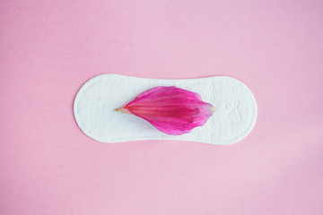 pink flower petal on menstruation pad on pink background, women health care