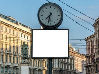 Fototapeta na wymiar blank billboard mock up in milano city center with background and clock