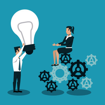 Business people on gears with big idea vector illustration graphic design