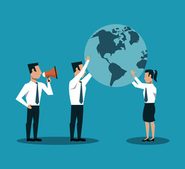 Business teamwork holding world and boss screaming with bullhorn vector illustration graphic design