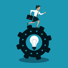 Businesswoman running on big idea inside gear vector illustration graphic design