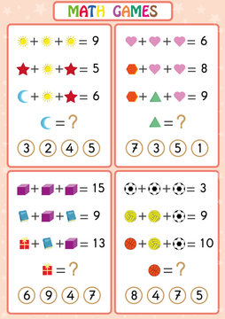 Mathematics educational game for kids, fun worksheets for children, Children are learning to solve problems.