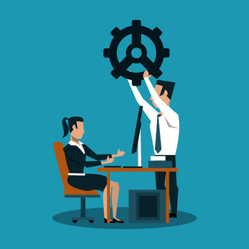 Businessmna holding big gear and businesswoman on computer vector illustration graphic design