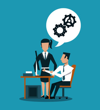 Business couple working with computer at desk vector illustration graphic design