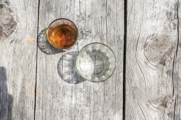 Alcohol cups in a mountain table.