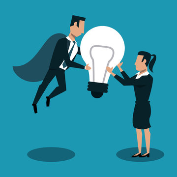Businessman flying with bulb and woman receiving big idea vector illustration graphic design