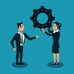 Businessman and businesswoman holding gear vector illustration graphic design