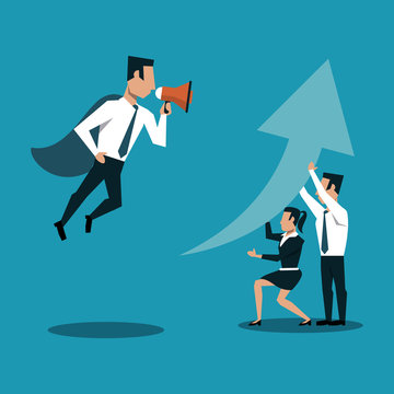Boss flying and screaming with bullhorn to business teamwork vector illustration graphic design
