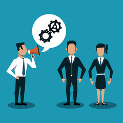 Businessman boss with bullhorn talking to business teamwork vector illustration graphic design