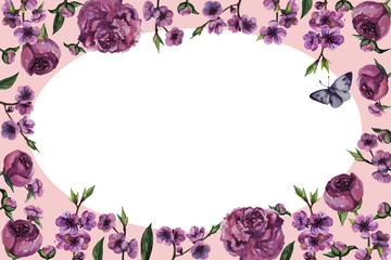 Sakura and pions flowers isolated pink background