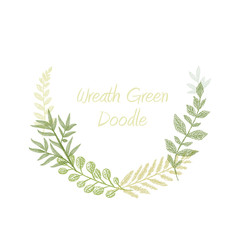 Green doodle hand drawn herb border , greeting, invitation or wedding card template. Greenery leaf frame. Spring floral wreath