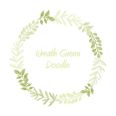 Green hand drawn leaves wreath , greeting, invitation or wedding card template. Greenery spring floral frame