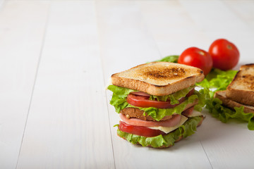 sandwich, tomato, toast, salad  on white wooden background