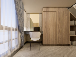 3d Rendering of Dressing table and chair with wardrobe in Loft bedroom