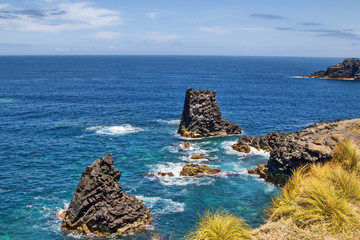 Fels in der Form eines Stiefels vor der Küste im Atlantik auf der Azoreninsel Sao Miguel