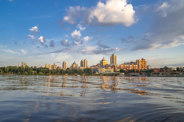 Kiev, Ukraine - July 13, 2018 - Kyiv Obolon embankment. View from water of Dnieper river.