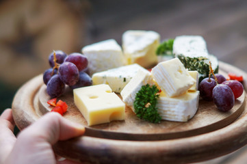 Verschiedene Käsesorten auf einem Brett in der Hand