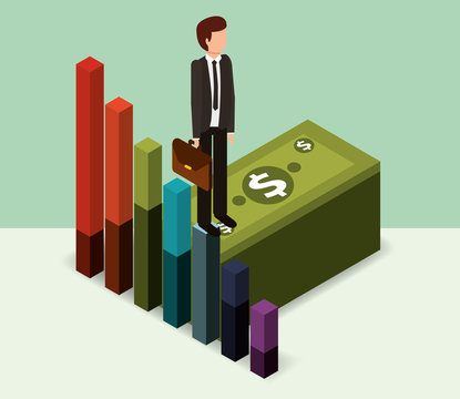 businessman standing pile banknote money isometric vector illustration