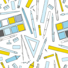 Stationery. Pens, pencils, paints, compasses. Vector seamless pattern