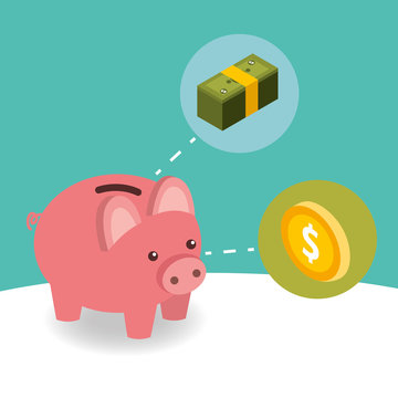 business piggy bank coin and pile banknote money isometric vector illustration