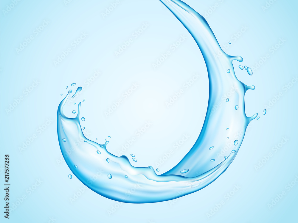 Poster water splash or pouring fresh and clear aqua. realistic splashing of liquid or fluid curvy blob. bub
