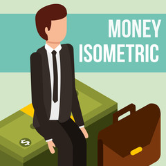 businessman sitting on stack banknote money isometric vector illustration