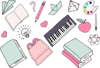 Raster Illustration of different school supplies. First day of school, Back to school