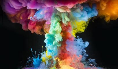 Farbige Regenbogenfarbentropfen von oben mischen sich in Wasser. Tinte wirbelt unter Wasser. © tashechka