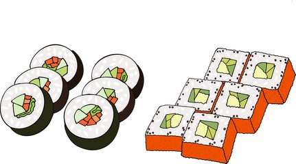 Colorful sushi set. Raster illustration on white background