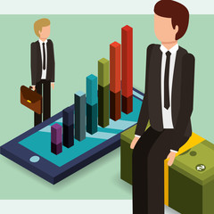 businessmen with briefcase and smartphone chart money isometric vector illustration