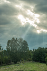 Carpathian mountains meadow, sun rays under the hills, clouds 2