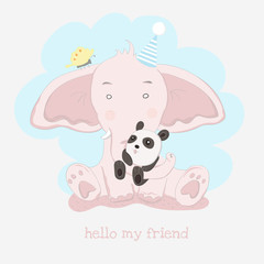 The cute baby elephant and panda. cartoon animal hand drawn style