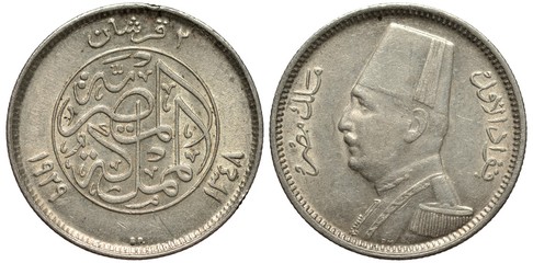 Egypt Egyptian silver coin 2 two piasters 1929, country name and value in Arabic within central...