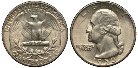 United States Coin silver coin quarter dollar 1950, eagle with extended wings, George Washington...