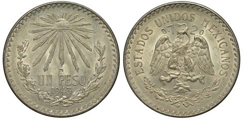 Mexico Mexican silver coin 1 one peso 1943, face value and date flanked by springs, Liberty cap...