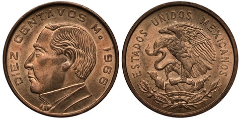 Mexico Mexican coin 10 ten centavos 1966, bust of Benito Juarez left, eagle on cactus catching...