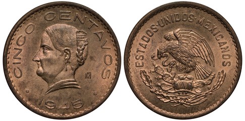 Mexico Mexican coin 5 five centavos 1945, bust of Josefa Dominguez left, eagle on cactus catching...