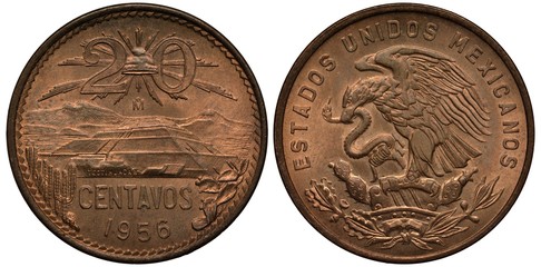 Mexico Mexican coin 20 twenty centavos 1956, Liberty cap with rays divides value, Pyramid of the...